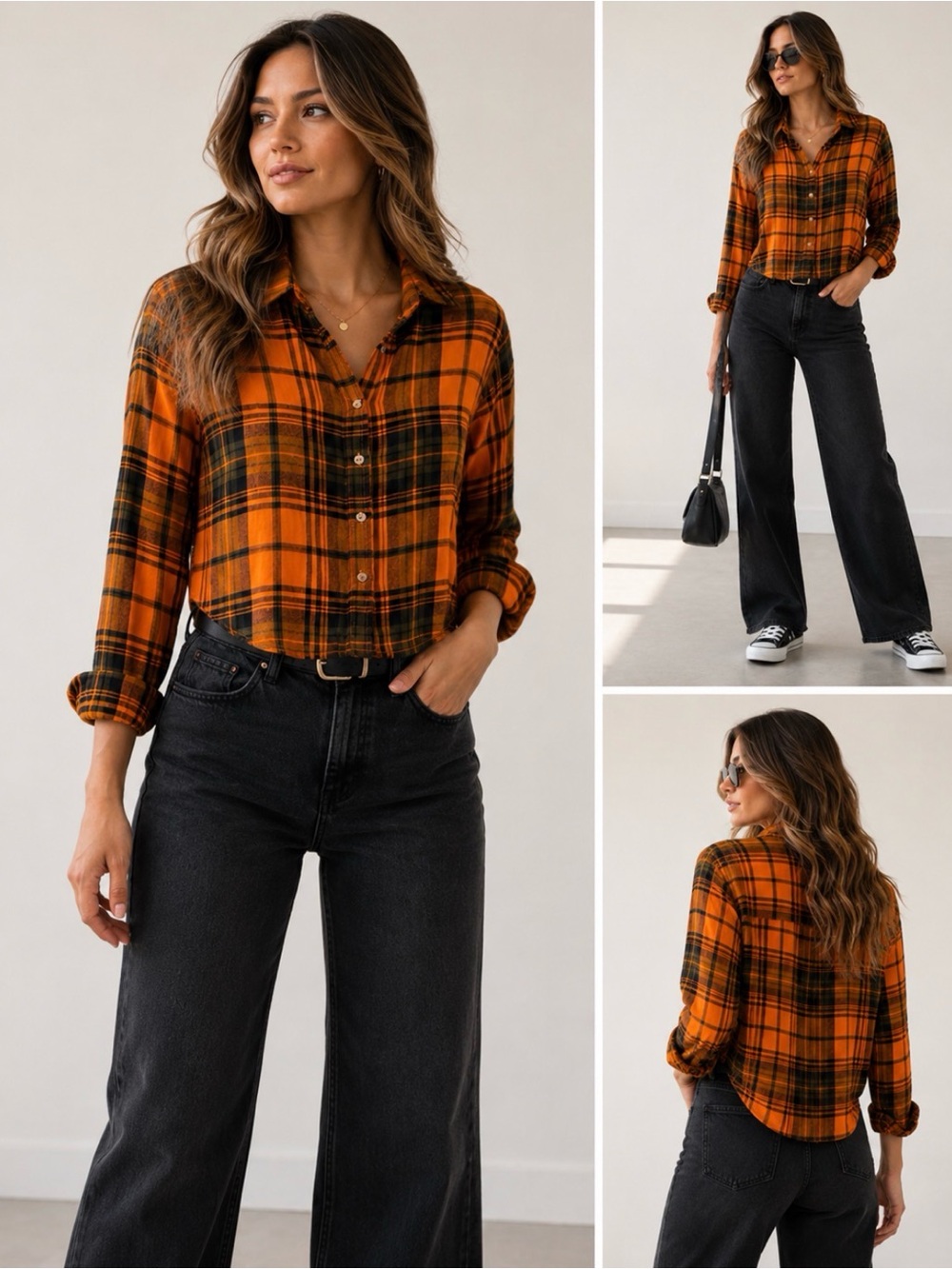 Wild Fable Cropped Plaid Button-Down Shirt | Orange & Black | Size L